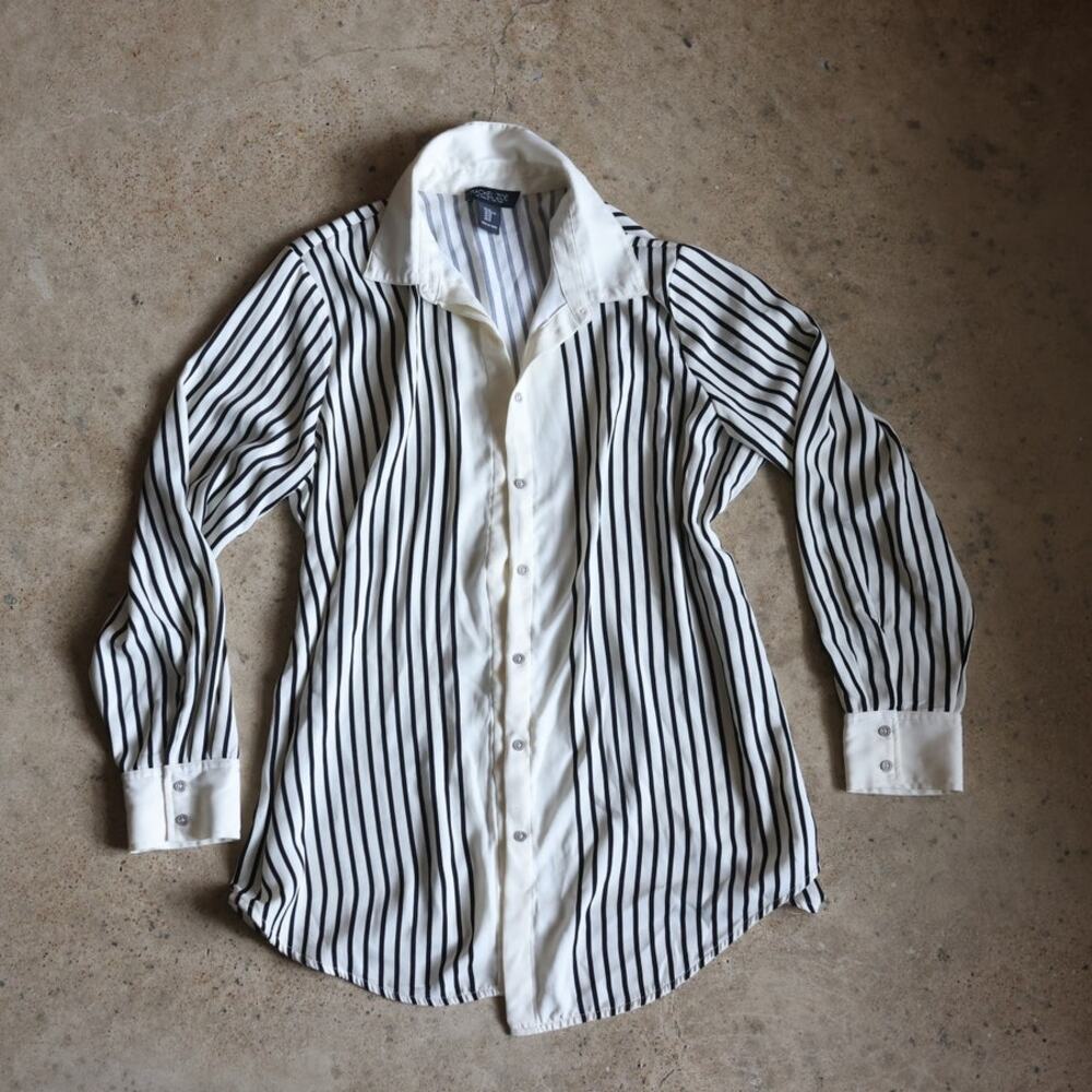 Rachel Zoe Black & White Striped Longline Button Front Blouse XL Office Chic